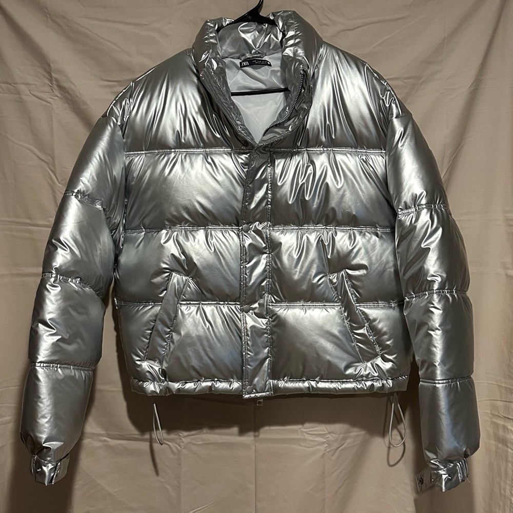 ZARA Metallic Finish Silver Puffer Jacket NWOT